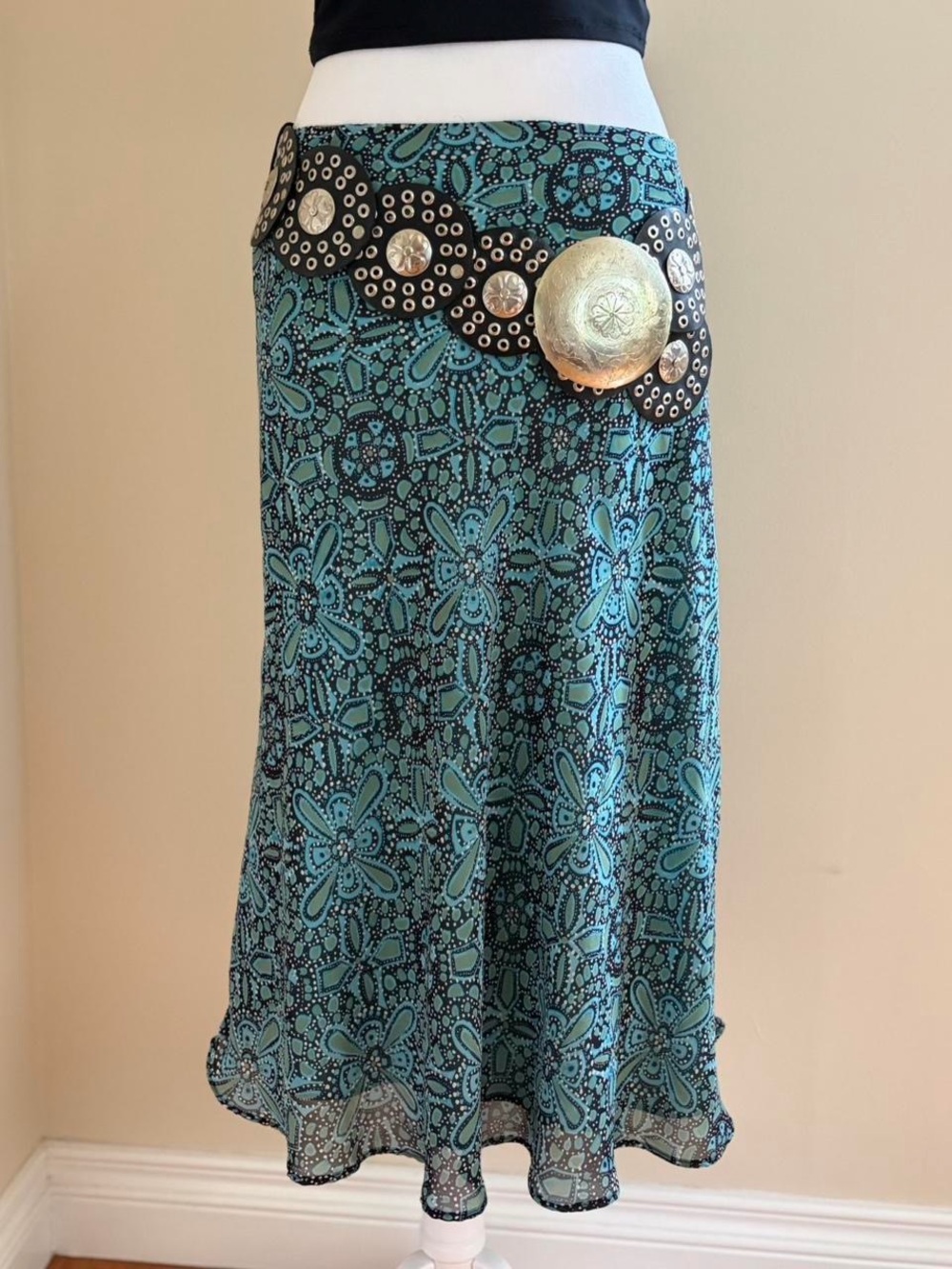 Vintage Y2K boho festival skirt sheer chiffon turquoise blue midi summer 14 L